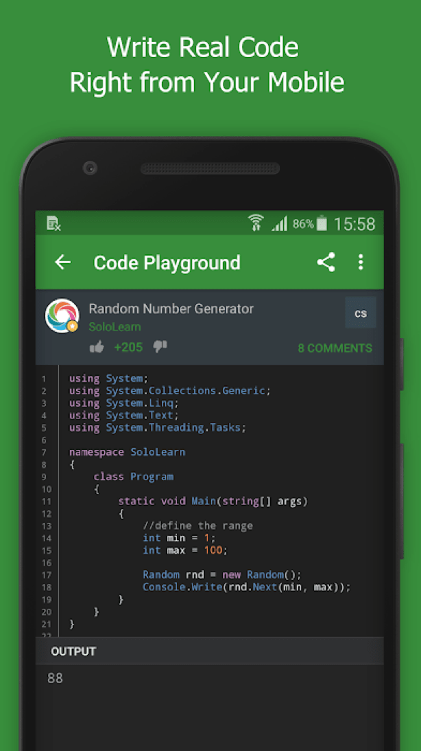 Writing and running code on SoloLearn mobile app