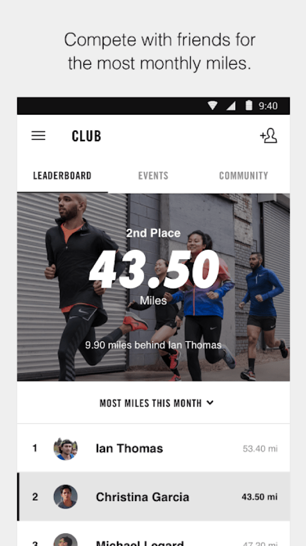 Nike Run Club social challenge screen with friend sharing and trophies