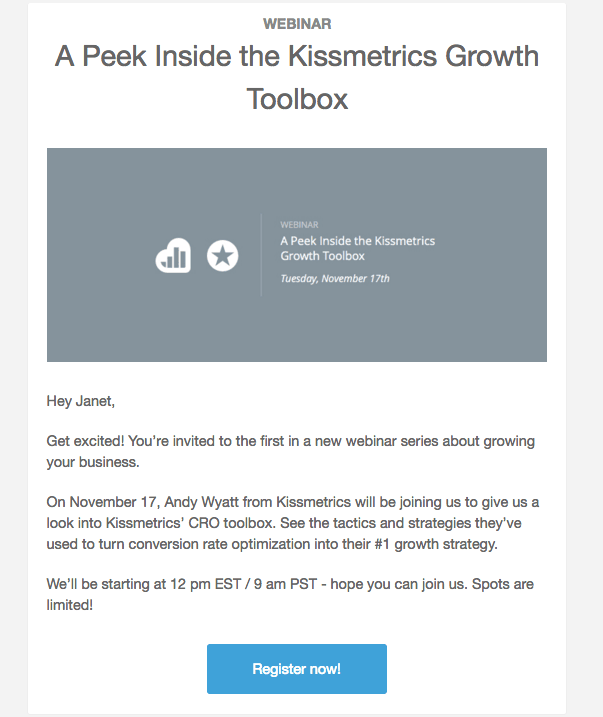 Kissmetrics webinar invitation email with personalized greeting and CTA