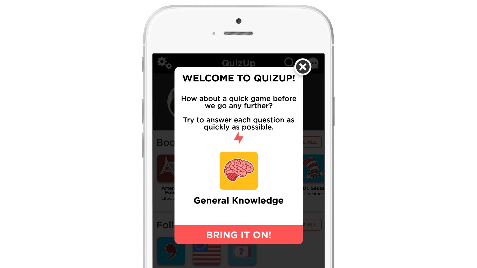 QuizUp app welcome challenge screen for new user onboarding
