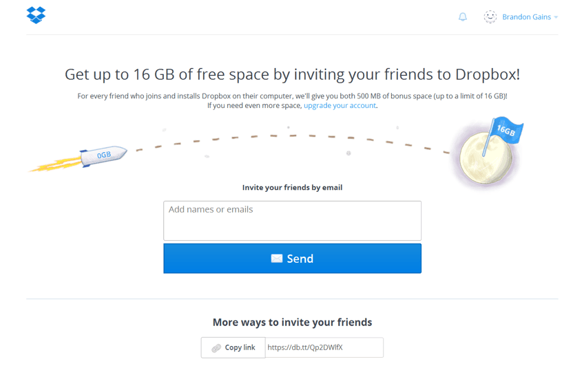 Dropbox referral program offering 500 MB bonus storage