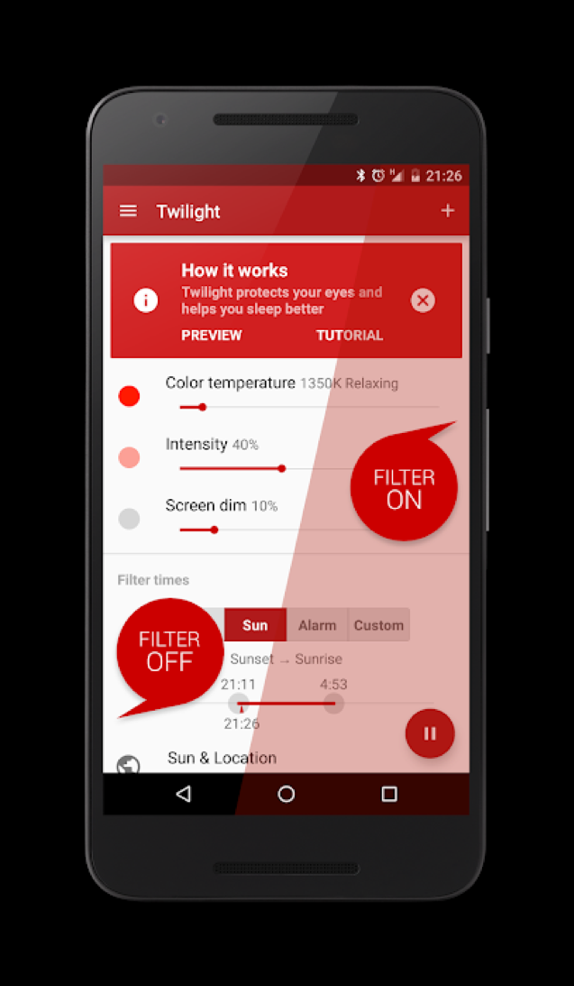 Twilight app home screen showing red filter active on Android