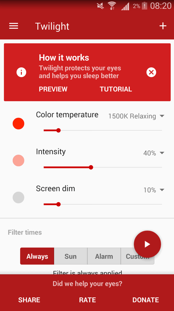 Twilight in-app prompt asking users to rate or share the app
