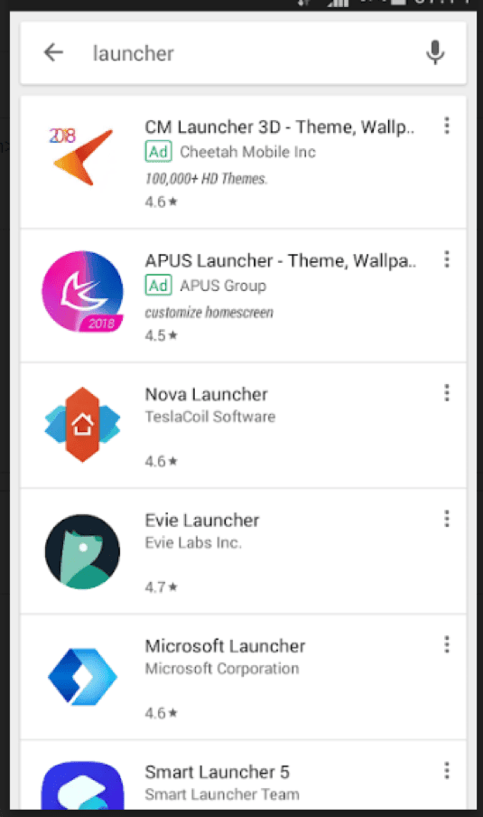 CM Launcher 3D Google Play Search Ads placement example