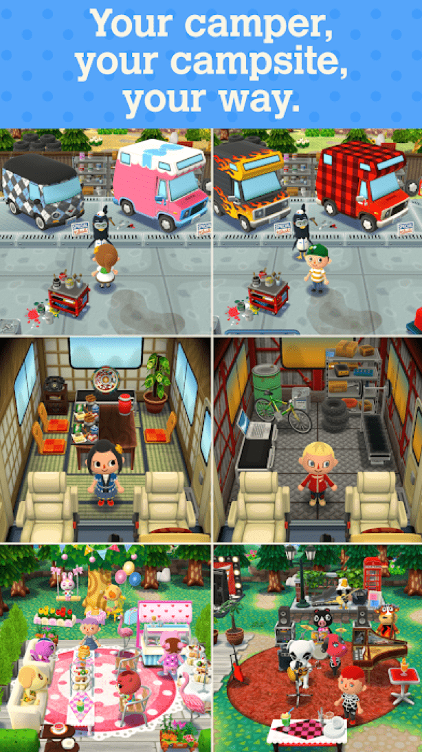 Animal Crossing Pocket Camp character customization and campsite decoration options