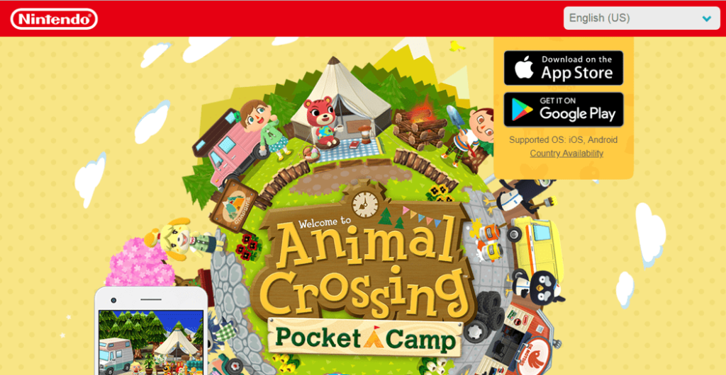 Official Animal Crossing Pocket Camp website homepage with characters and download links