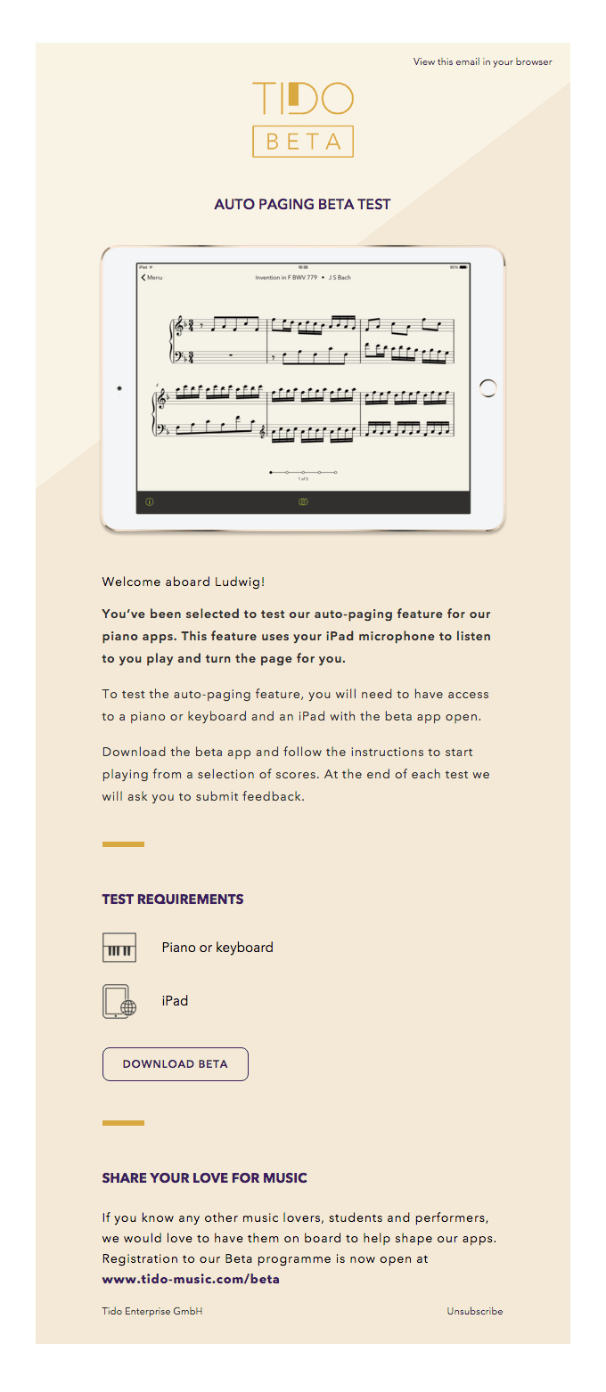 Beta sign-up programme invitation email template