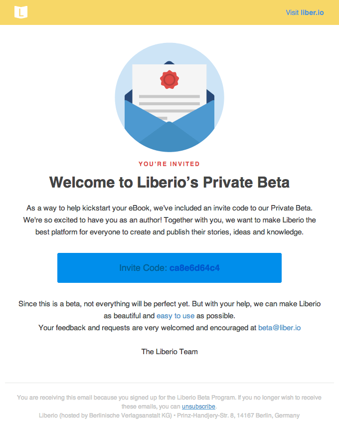 Liberio private beta welcome email design example