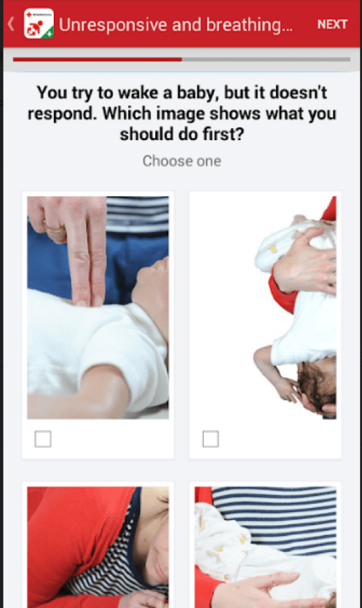 First aid knowledge quiz screen inside the Baby and Child app