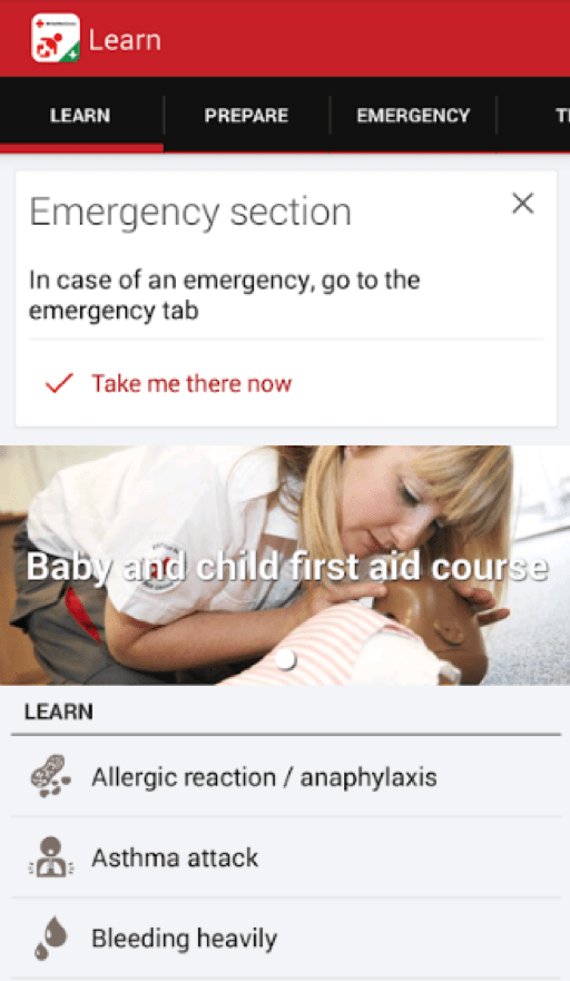Baby and Child First Aid app six-section navigation interface