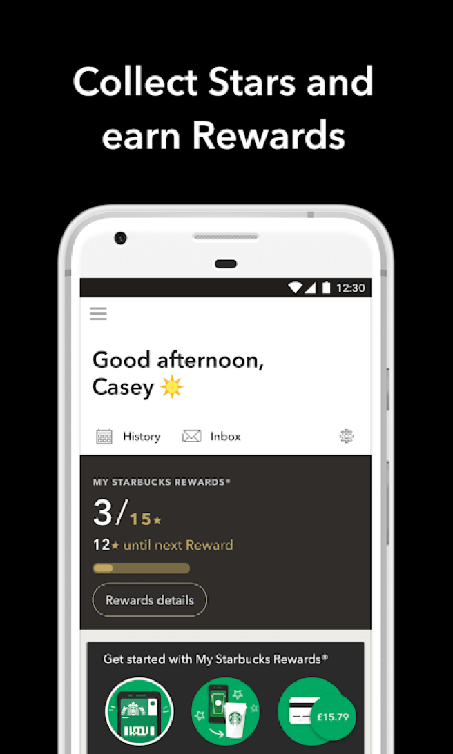 Starbucks app rewards program stars and free drinks screen