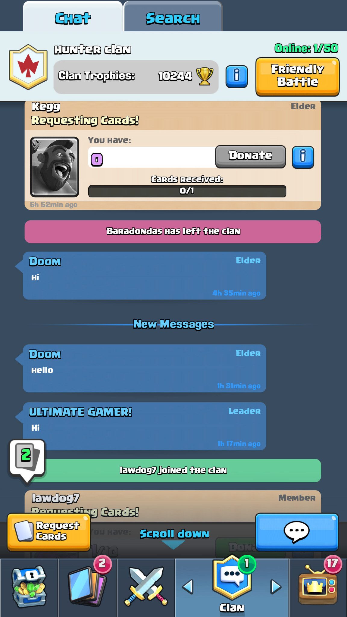 Clash Royale clan social screen showing member list and chat