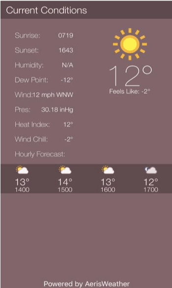 What the Forecast app hourly forecast view with playful weather phrases