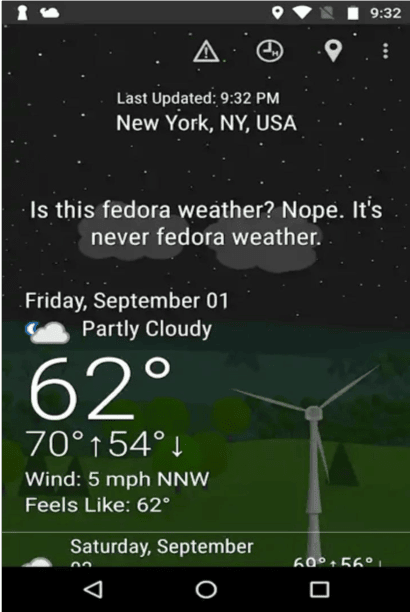 What the Forecast app home screen with daily weather and funny commentary