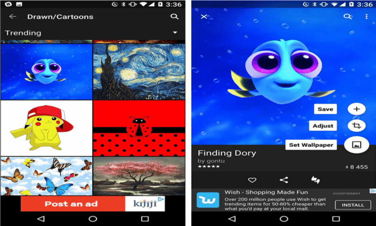 Zedge wallpaper section with recent and popular tabs