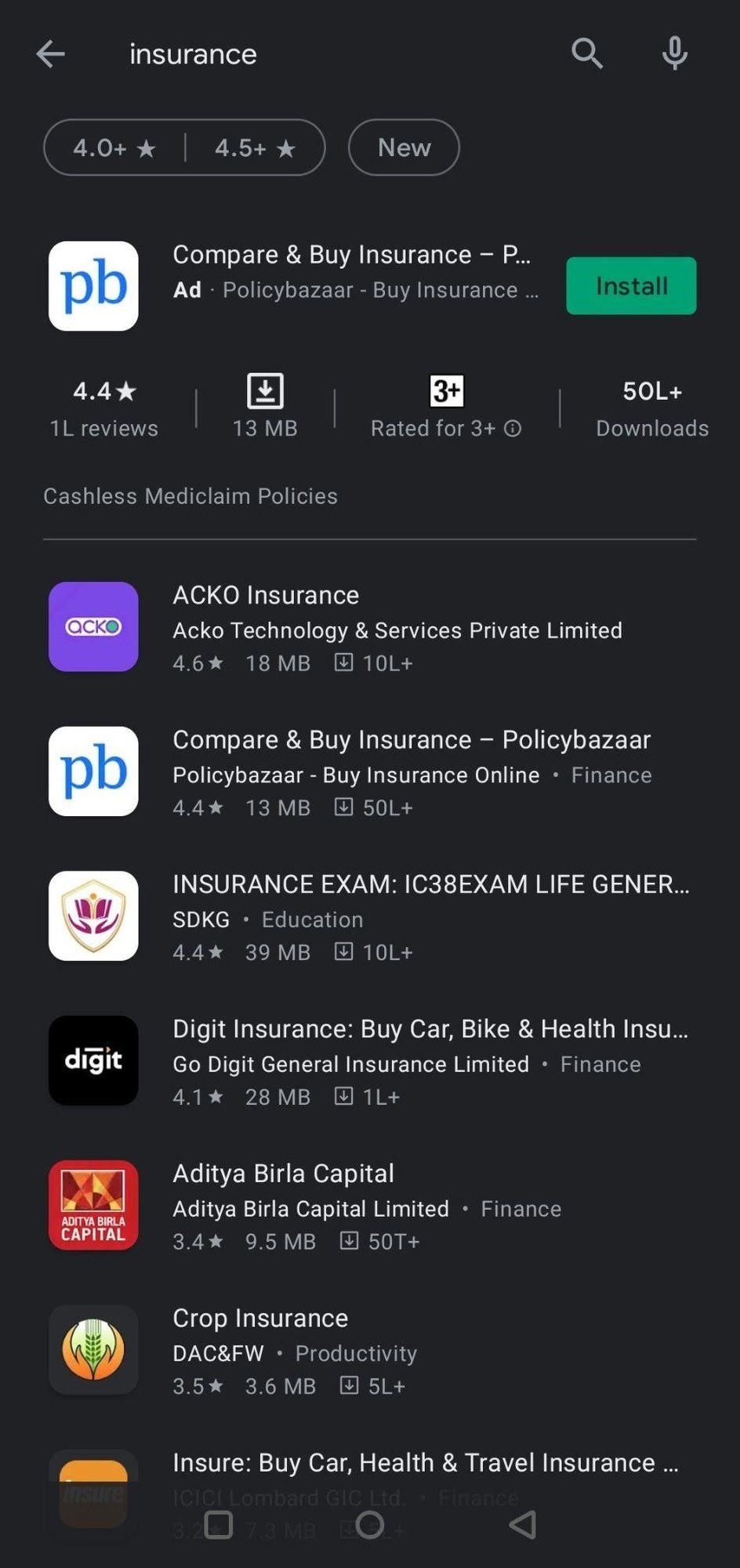 Google Play Store search results for insurance apps with 4-star ratings