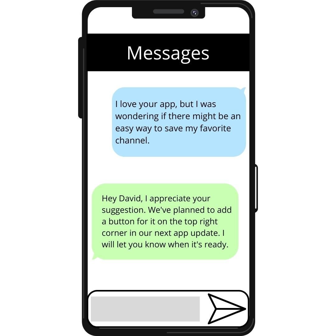 App support team sending a warm response message to user David