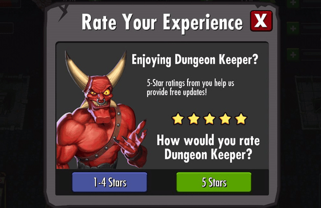 Dungeon Keeper game showing a review prompt popup after a player milestone