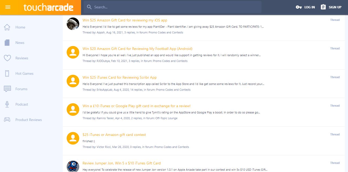 Toucharcade contest page offering gift card incentives for app reviews