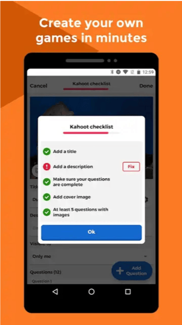 Kahoot! quiz creation flow showing question builder and answer options