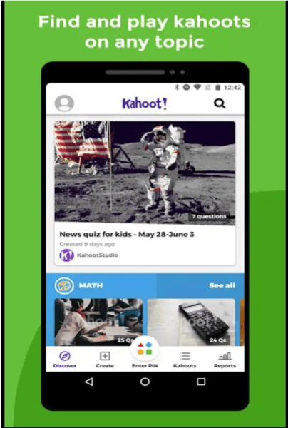 Kahoot! app features list including quizzes photos videos and challenges