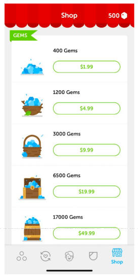 Duolingo in-app purchase screen showing gems and virtual rewards