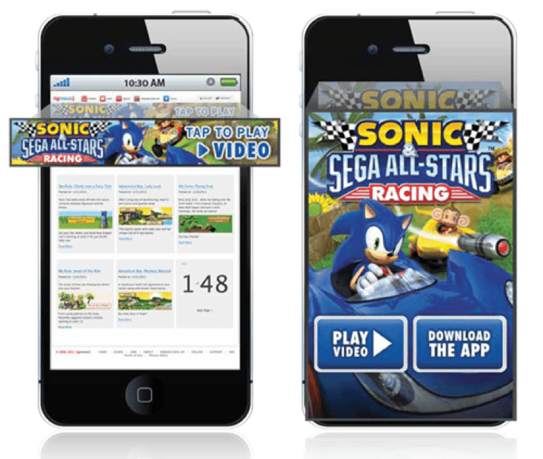 Expandable ad revealing brand content within a mobile game