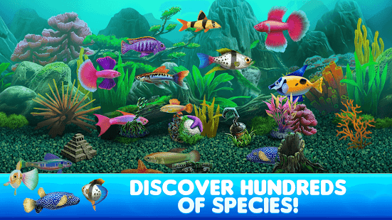Fish Tycoon 2 screen showing hundreds of discoverable fish species