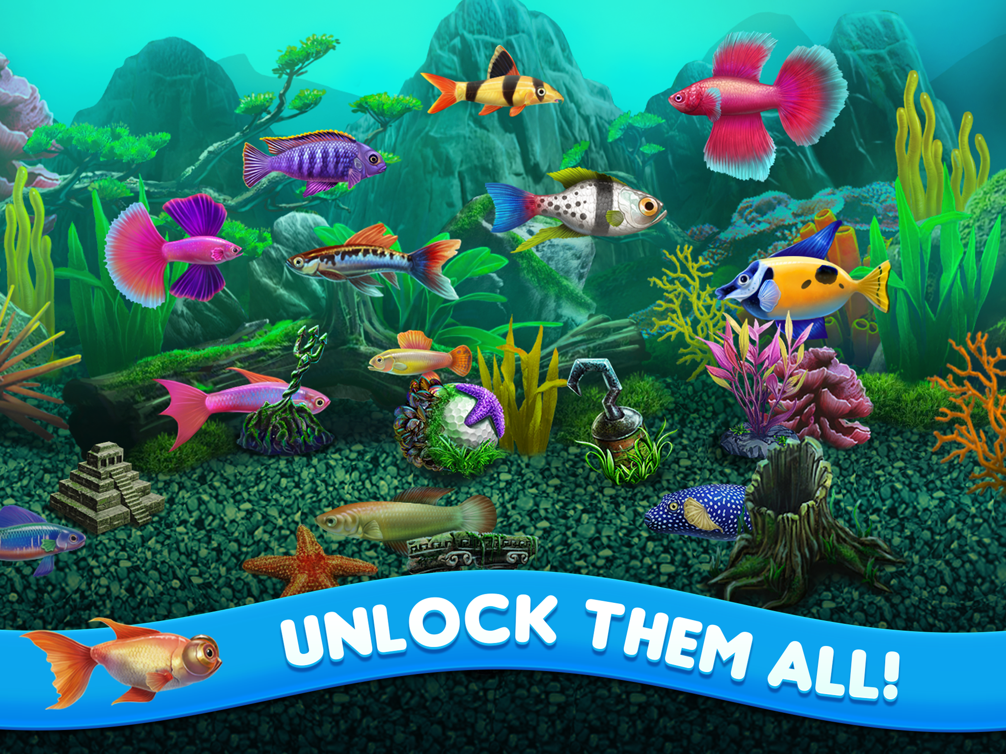 Fish Tycoon 2 in-game unlock screen for upgrades and power-ups