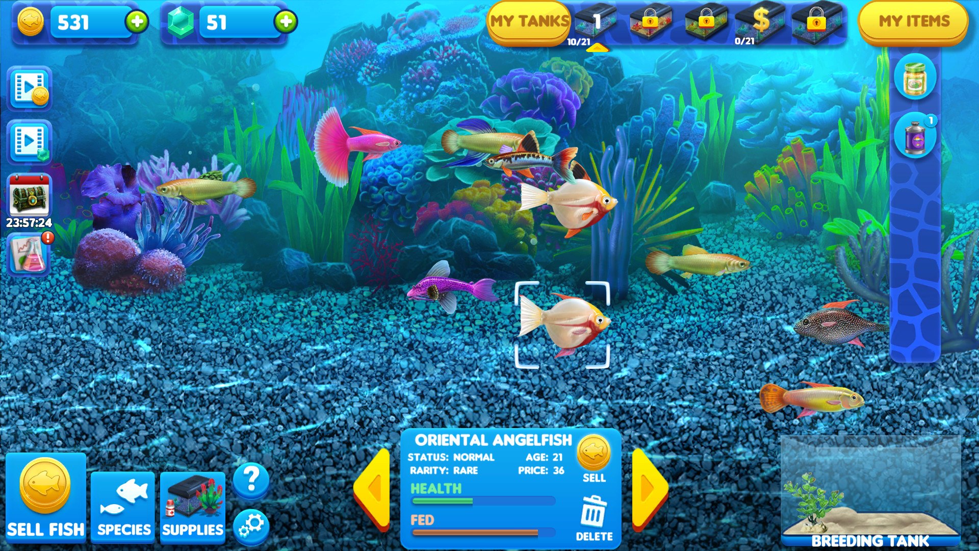 Fish Tycoon 2 in-app purchase options for coins and gems
