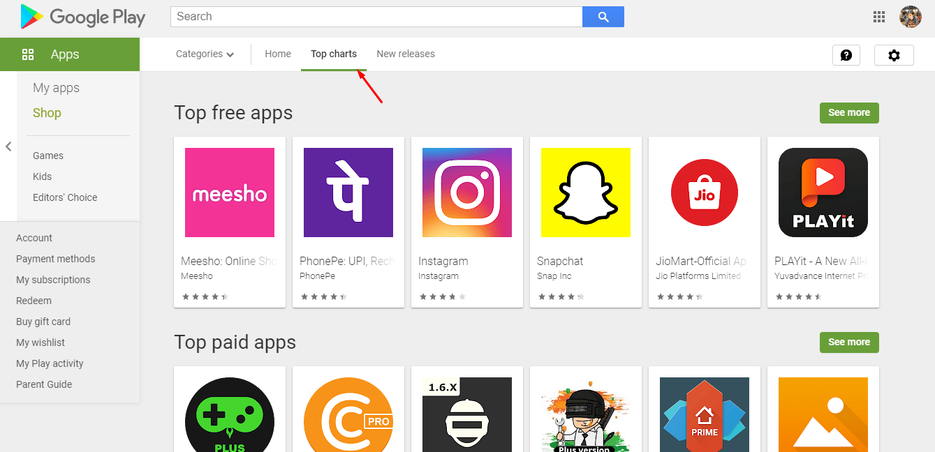 App store ranking chart showing top apps in Play Store category
