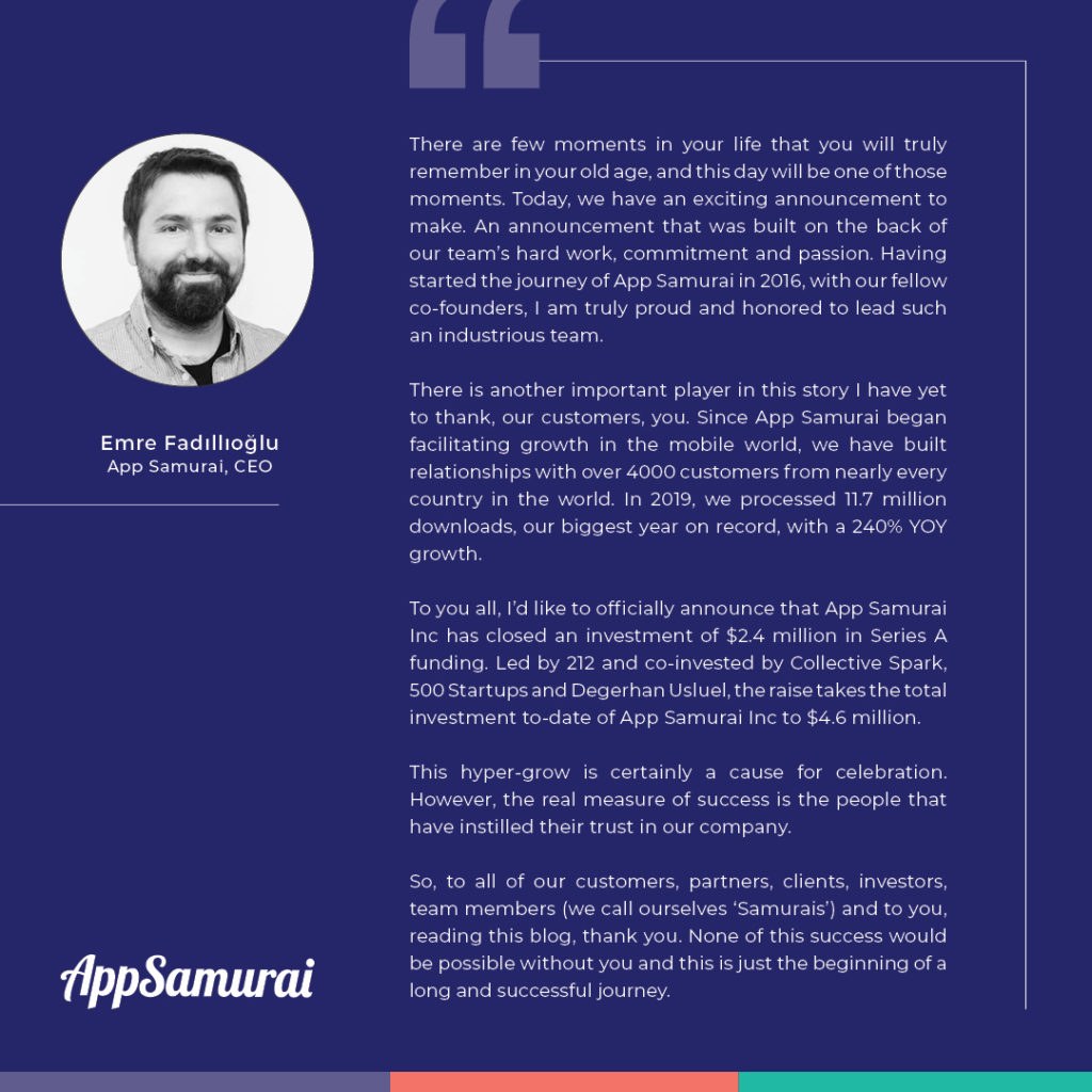 App Samurai CEO Series A funding announcement message