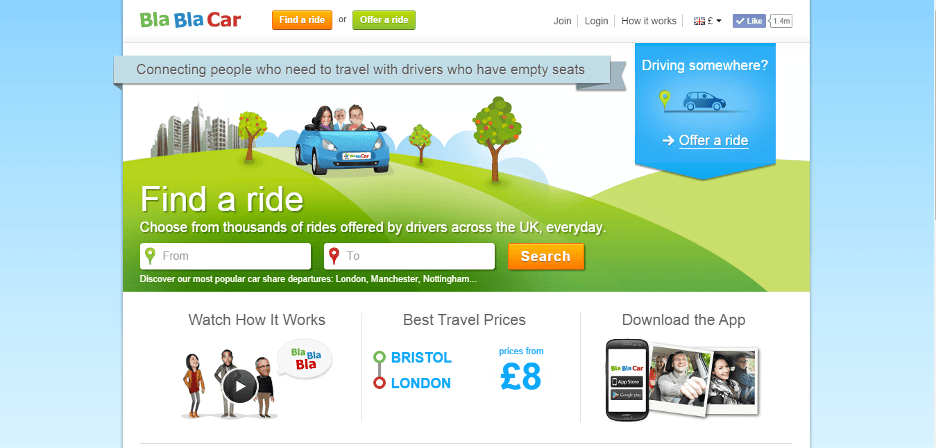 BlaBlaCar dual call-to-action for travelers and drivers