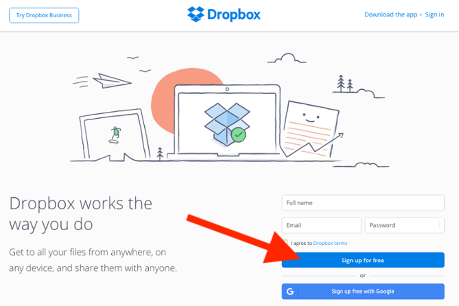 Dropbox Sign Up For Free call-to-action with minimal design