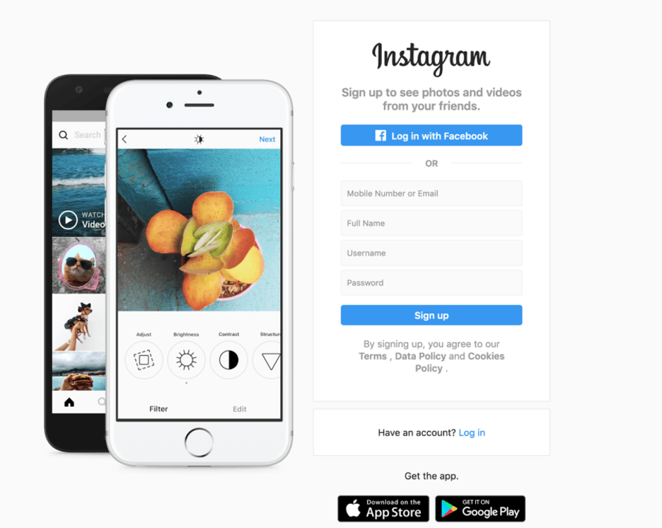 Instagram Sign Up call-to-action on the home page