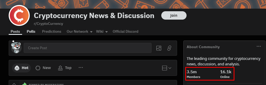 Reddit CryptoCurrency subreddit community page with 3.5 million members