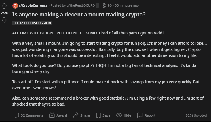Reddit post asking for advice on crypto trading tools with 32 comments