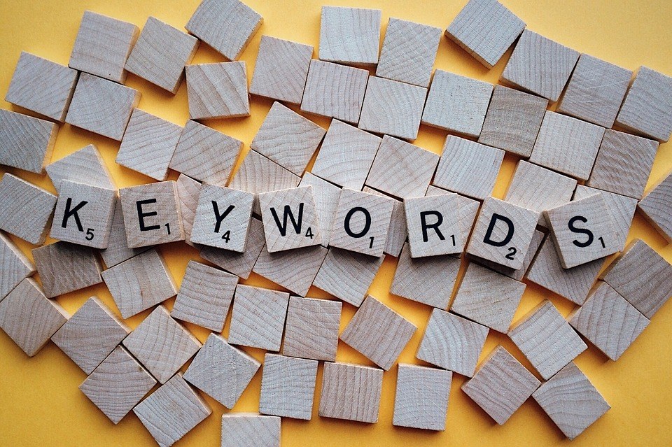 Wooden letter tiles spelling out keyword research on a surface