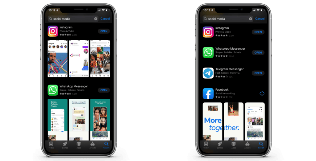 iOS 15 App Store search results with improved visibility for undownloaded apps
