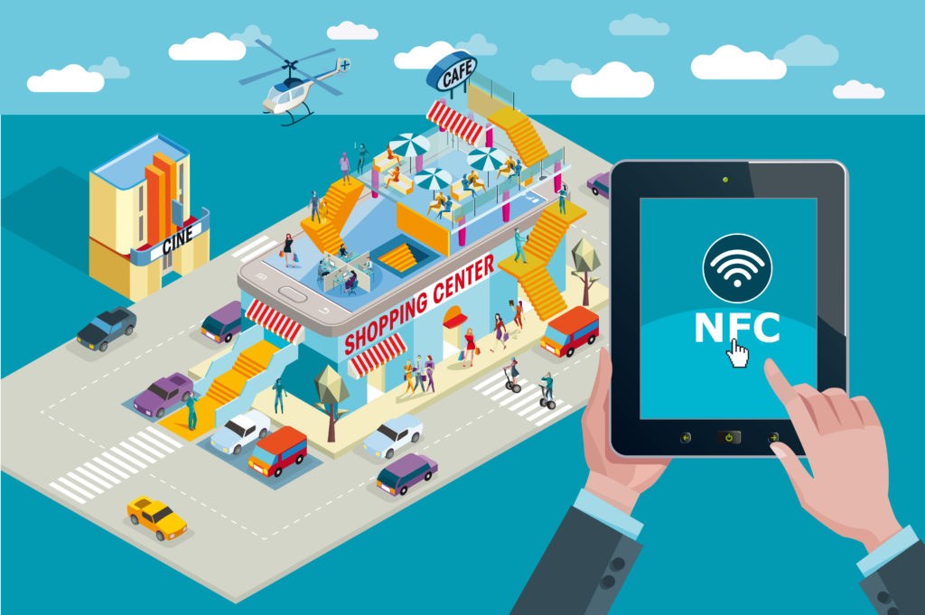 Customer tapping a phone to scan an RFID NFC tag for contactless payment