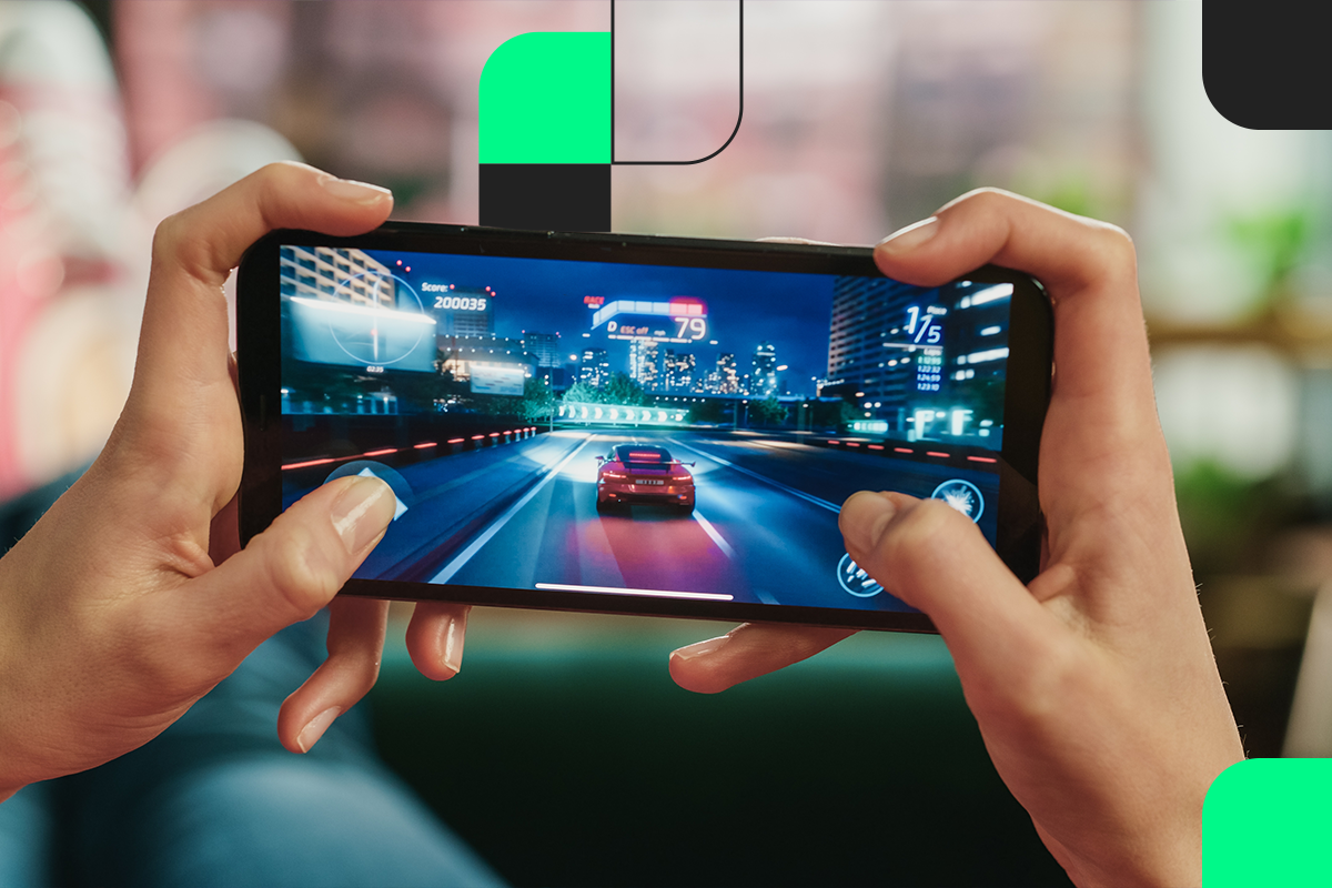 Casual game player on a mobile phone during a commute