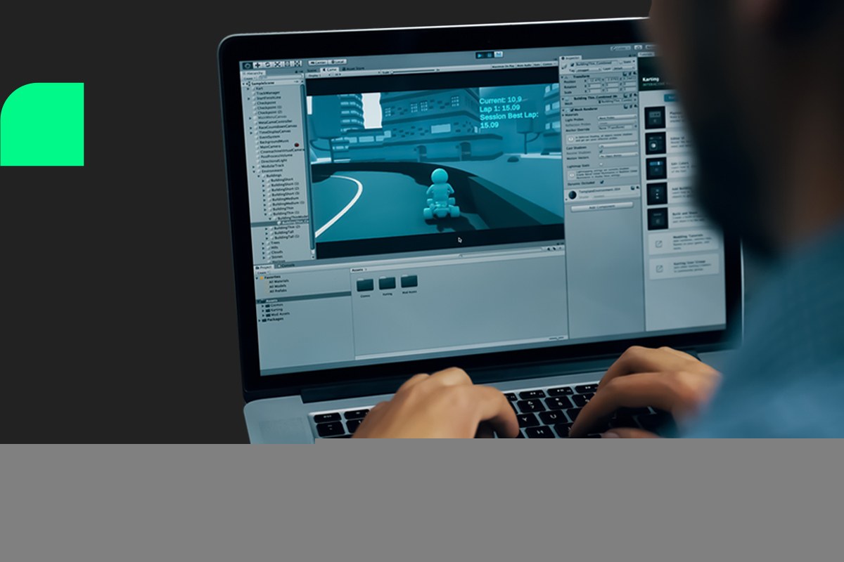Mobile game developer reviewing game engine options on a screen