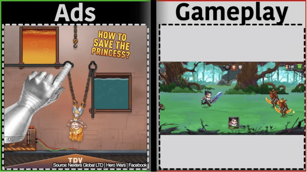 Hero War fake ad featuring distressed female character with puzzle mechanic