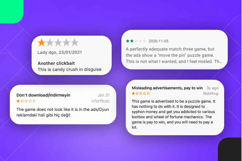 Negative user reviews on Google Play and App Store for misleading mobile game ads