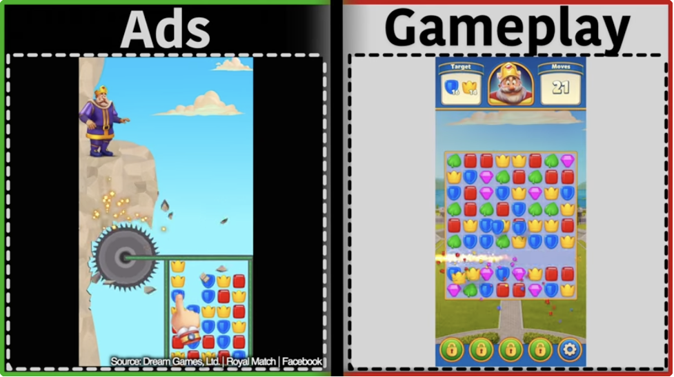 Royal Match fake ad merging real match-3 gameplay with exaggerated danger scenes