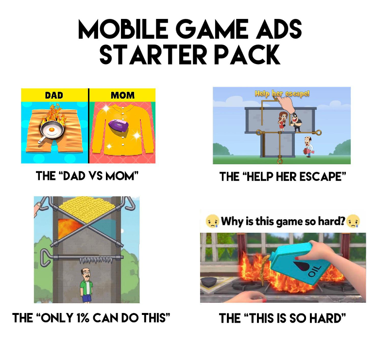 Reddit meme starter pack satirizing fake mobile game ad tropes