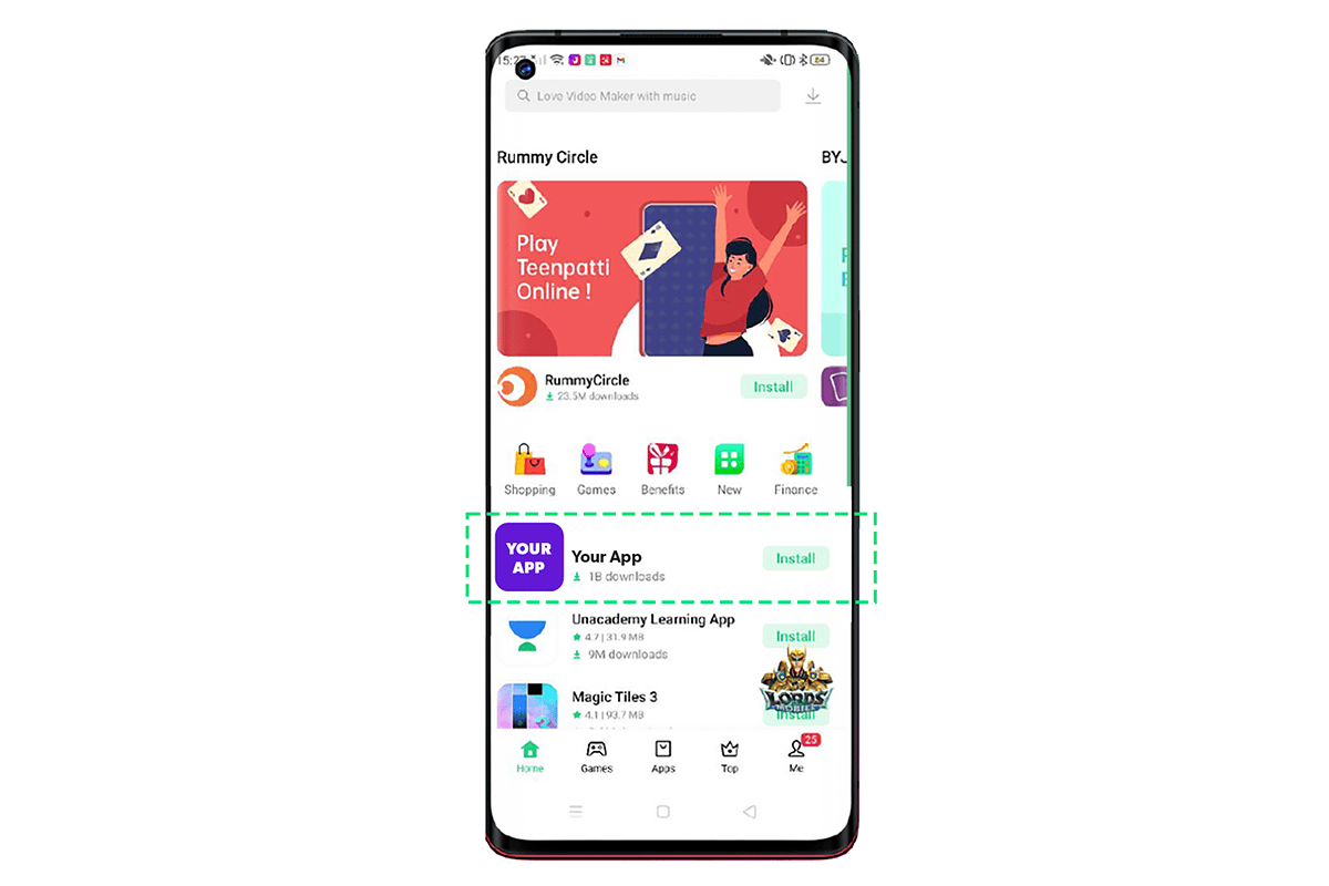 App icon ad integrated into OEM recommended app drawer