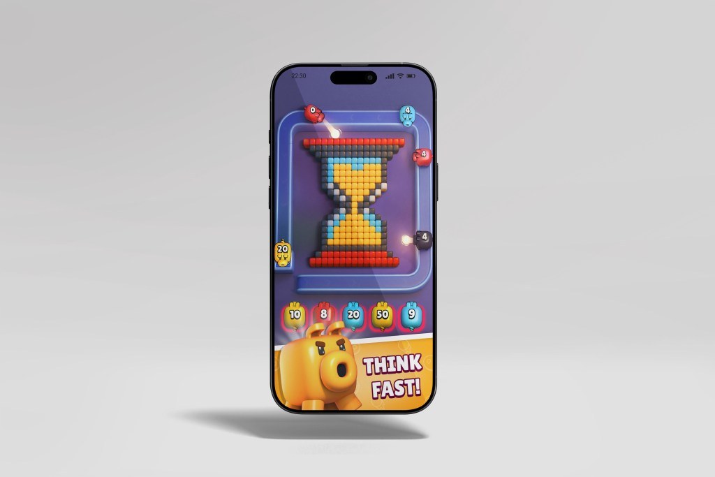 Mobile phone mockup showing Pixel Jam cube shooting gameplay