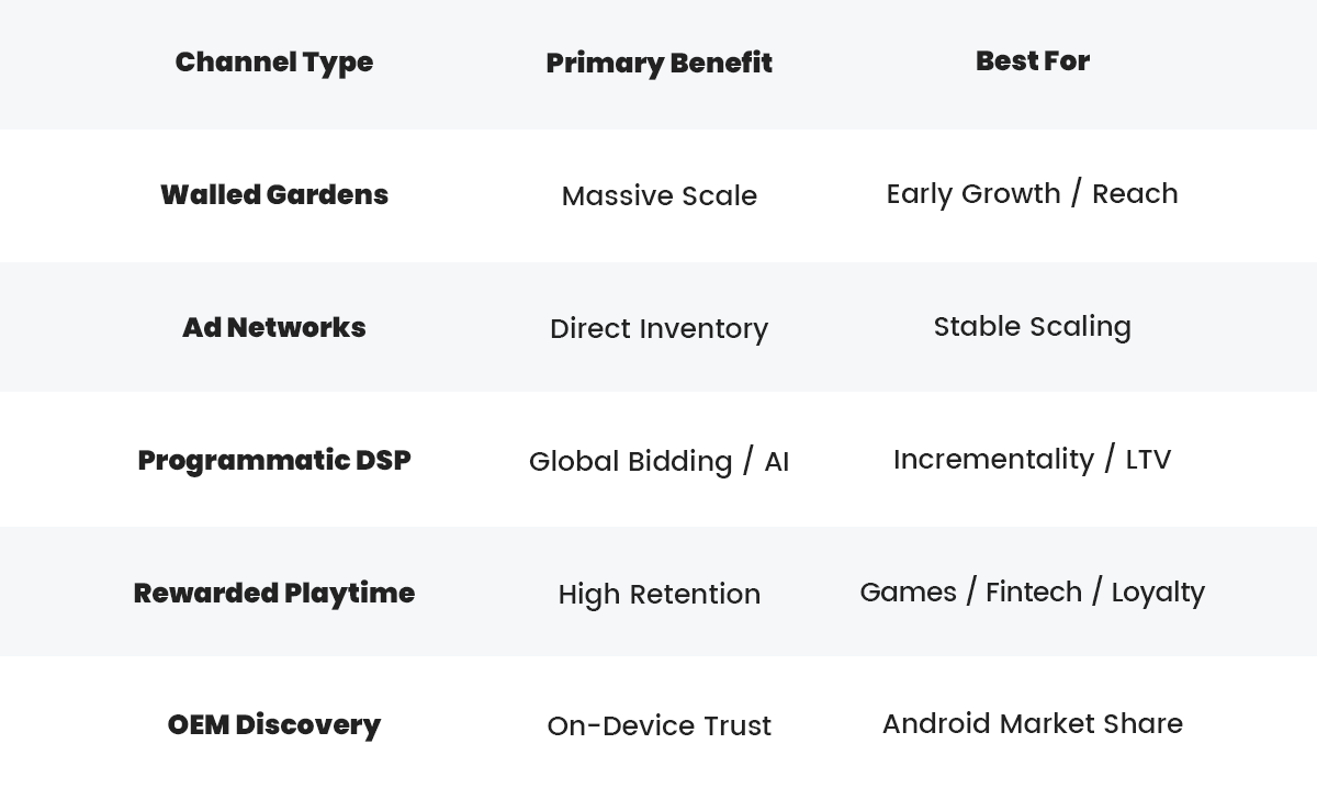 UA channel matrix comparing walled gardens DSP rewarded and OEM strategies