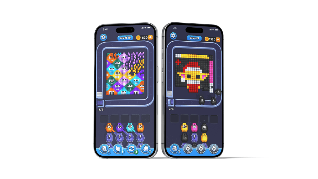 Pixel Flow game art style showing cartoon characters and colored pixel blocks